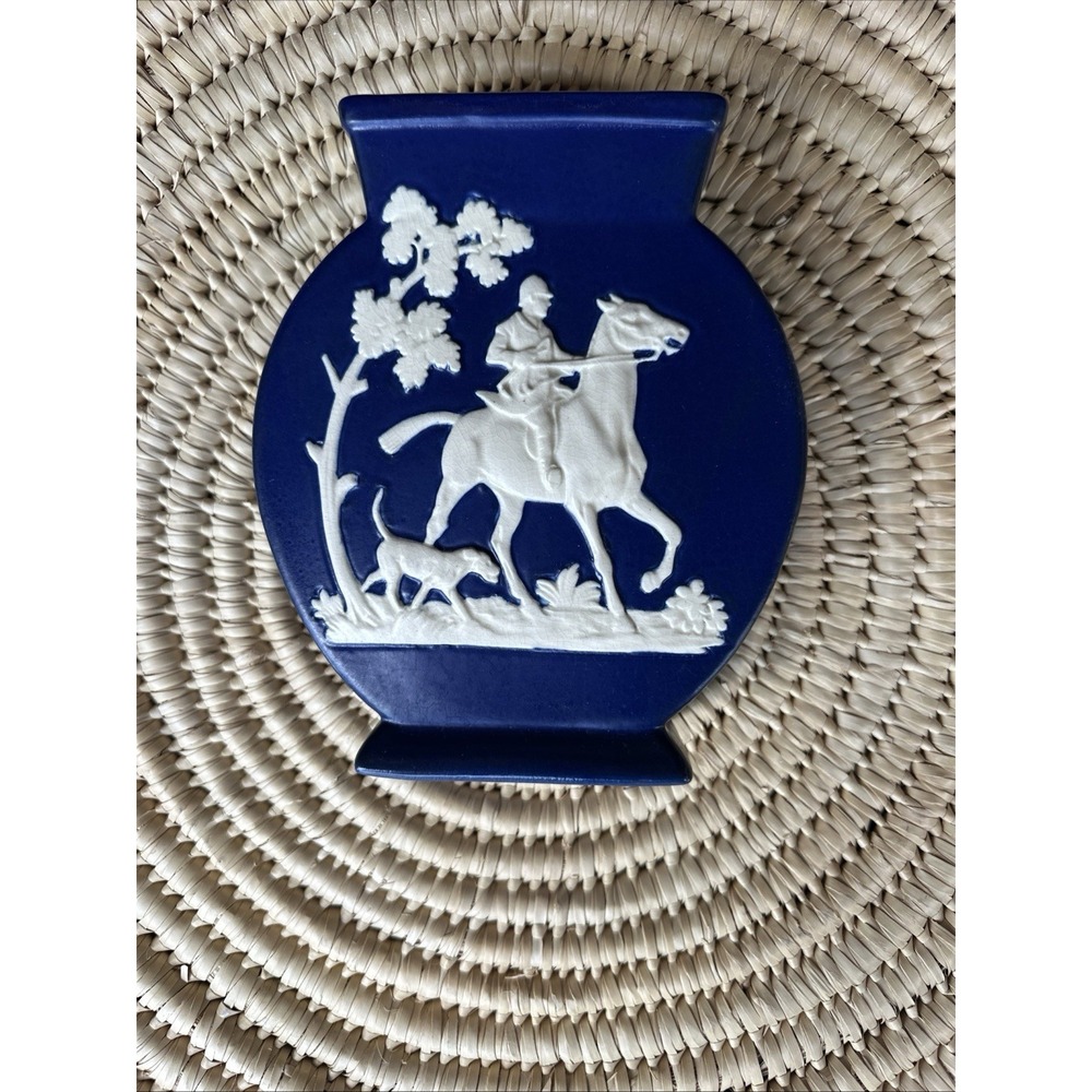 Weller Pottery Blue Jasperware Plaque Hunt Scene Horse‎ Rider Dog 9x7"